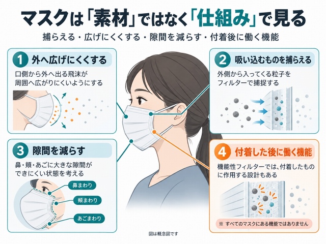 マスクを素材ではなく仕組みで見る考え方を、4つの機能で示した図解