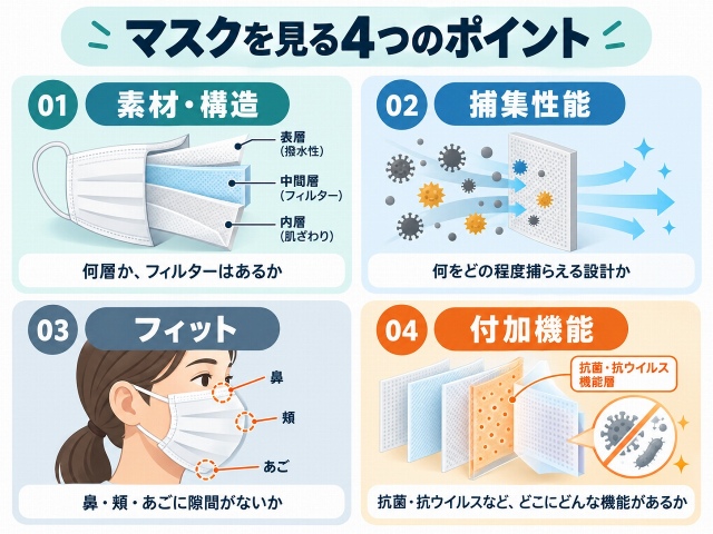 マスク選びで確認したい4つのポイントを示した図解
