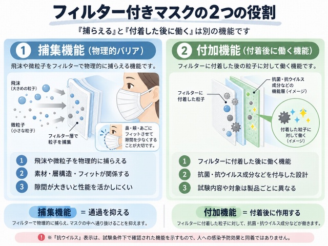 フィルター付きマスクの捕集機能と、付着後に働く付加機能の違いを示した図解